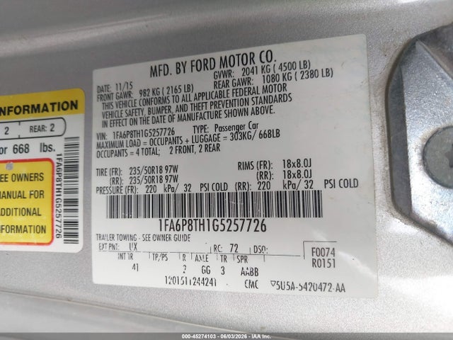 Ford Mustang Ecoboost 2016 1FA6P8TH1G5257726 Image 9