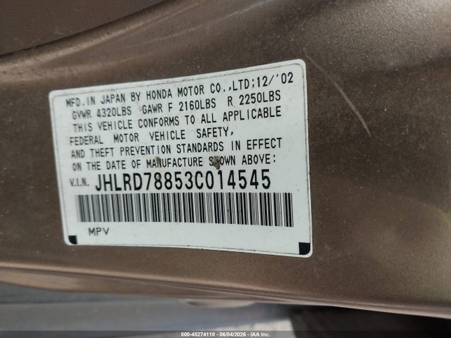 Продаж на аукціоні авто 2003 Honda Cr-v Ex, vin: JHLRD78853C014545, номер лоту: 45274110