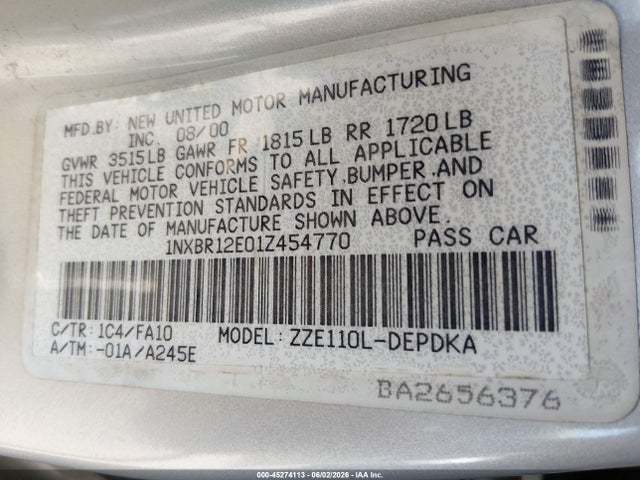 2001 Toyota Corolla Ce/le/s მანქანა იყიდება აუქციონზე, vin: 1NXBR12E01Z454770, აუქციონის ნომერი: 45274113