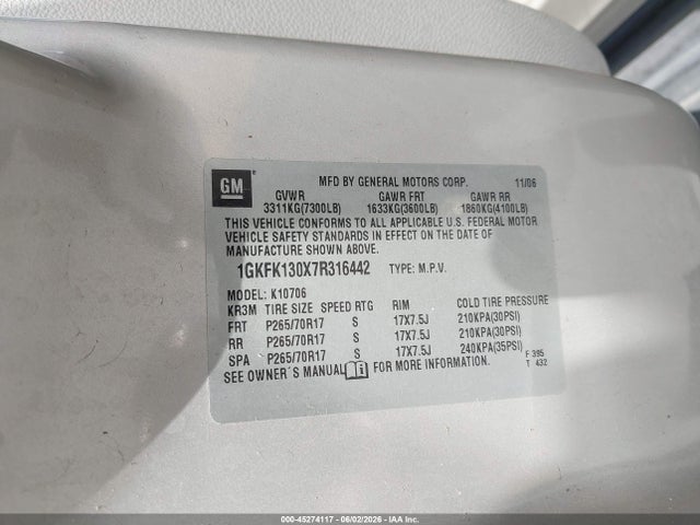 Продажа на аукционе авто 2007 Gmc Yukon Sle, vin: 1GKFK130X7R316442, номер лота: 45274117
