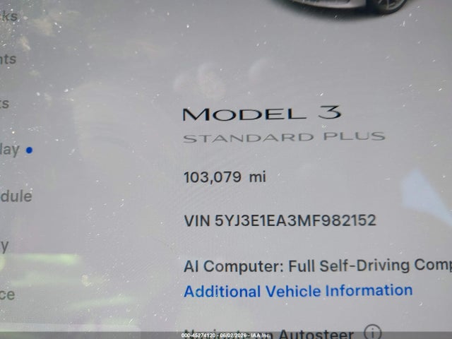 45274120 :رقم المزاد ، 5YJ3E1EA3MF982152 vin ، 2021 Tesla Model 3 Standard Range Plus Rear-wheel Drive مزاد بيع