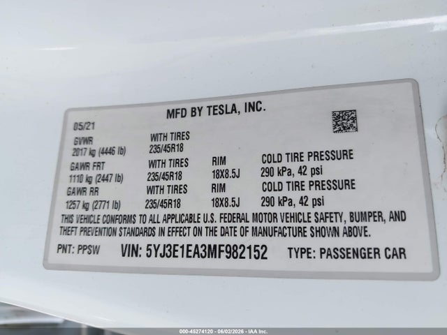 45274120 :رقم المزاد ، 5YJ3E1EA3MF982152 vin ، 2021 Tesla Model 3 Standard Range Plus Rear-wheel Drive مزاد بيع