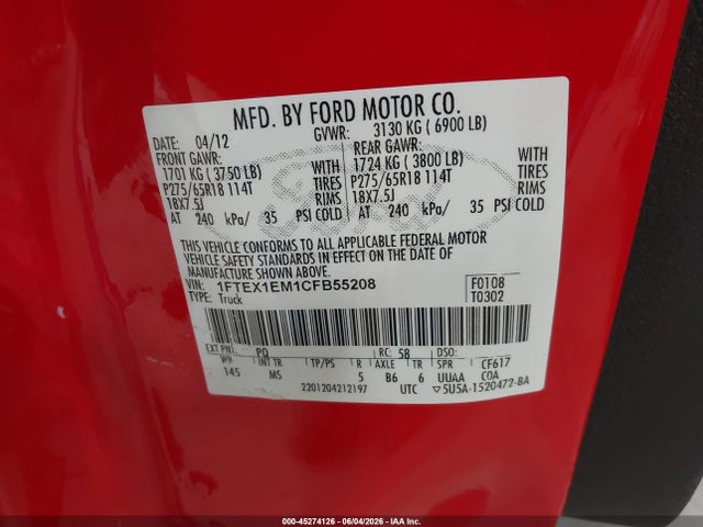 45274126 :رقم المزاد ، 1FTEX1EM1CFB55208 vin ، 2012 Ford F-150 Xlt مزاد بيع