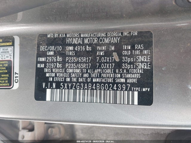 45274129 :رقم المزاد ، 5XYZG3AB4BG024397 vin ، 2011 Hyundai Santa Fe Gls مزاد بيع