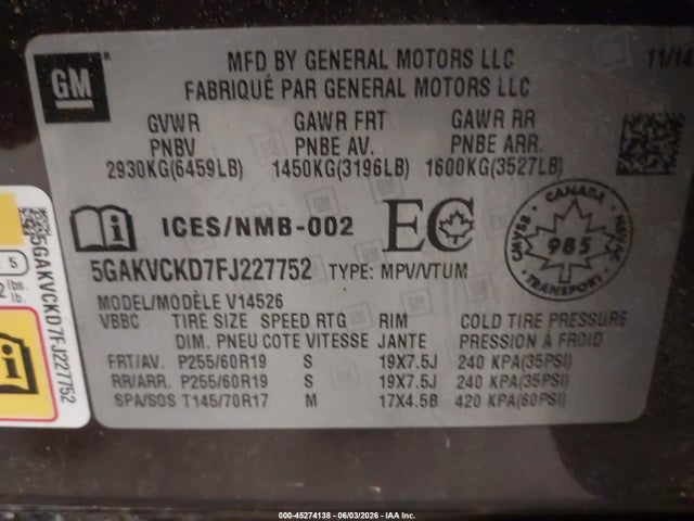 45274138 :رقم المزاد ، 5GAKVCKD7FJ227752 vin ، 2015 Buick Enclave Premium مزاد بيع