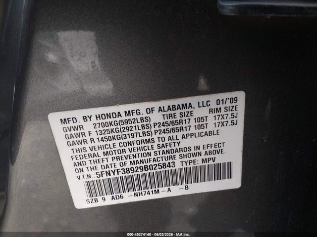 Auction sale of the 2009 Honda Pilot Touring, vin: 5FNYF38929B025843, lot number: 45274140