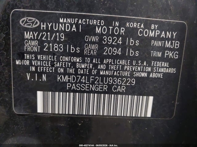 2020 Hyundai Elantra Se მანქანა იყიდება აუქციონზე, vin: KMHD74LF2LU936229, აუქციონის ნომერი: 45274144