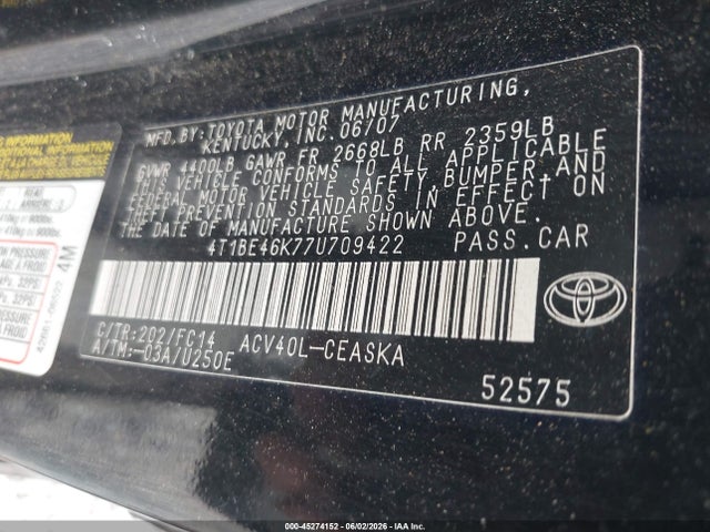 Продаж на аукціоні авто 2007 Toyota Camry Se, vin: 4T1BE46K77U709422, номер лоту: 45274152