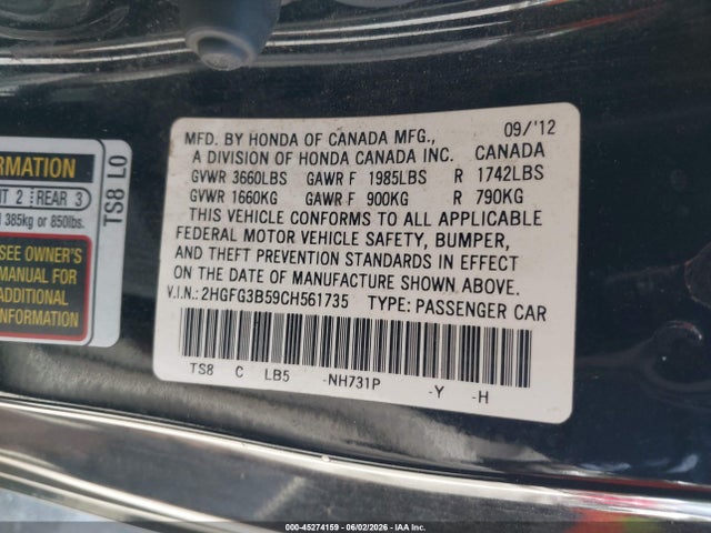 45274159 :رقم المزاد ، 2HGFG3B59CH561735 vin ، 2012 Honda Civic Lx مزاد بيع