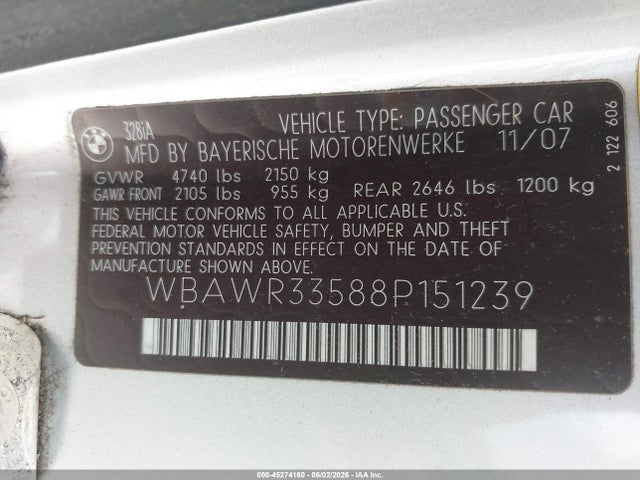 Aukcja sprzedaży 2008 Bmw 328i, vin: WBAWR33588P151239, numer aukcji: 45274160
