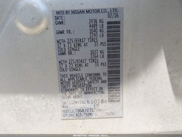 Aukcja sprzedaży 2016 Nissan Rogue S/sl/sv, vin: 5N1AT2MT2GC810584, numer aukcji: 45274161
