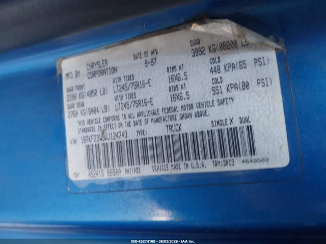 Aukcja sprzedaży 1998 Dodge Ram 2500 St, vin: 1B7KF23W9WJ124743, numer aukcji: 45274168