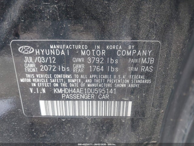 45274171 :رقم المزاد ، KMHDH4AE1DU595141 vin ، 2013 Hyundai Elantra Gls مزاد بيع