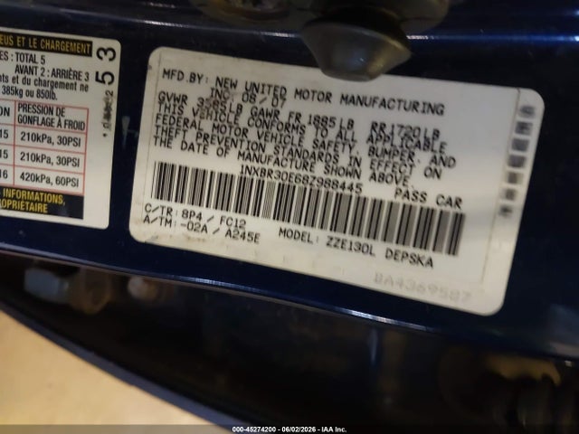 Aukcja sprzedaży 2008 Toyota Corolla S, vin: 1NXBR30E68Z988445, numer aukcji: 45274200