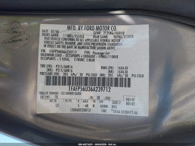 Продажа на аукционе авто 2006 Ford Taurus Sel, vin: 1FAFP56U36A239712, номер лота: 45274201