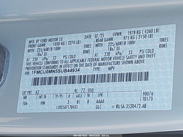 Продажа на аукционе авто 2025 Ford Escape St-line, vin: 1FMCU0MN5SUB44934, номер лота: 45274225
