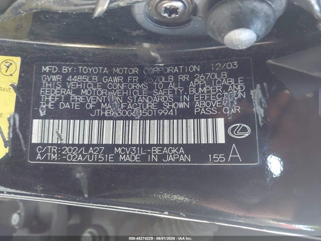 2004 Lexus Es 330 მანქანა იყიდება აუქციონზე, vin: JTHBA30G645019941, აუქციონის ნომერი: 45274229