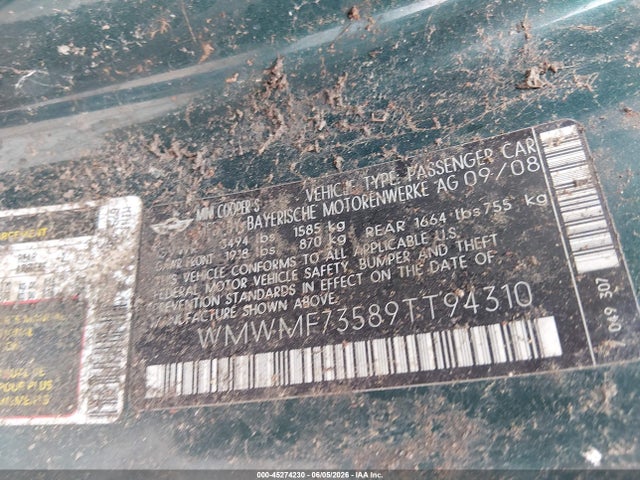 Продаж на аукціоні авто 2009 Mini Cooper S, vin: WMWMF73589TT94310, номер лоту: 45274230