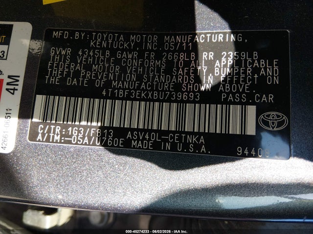 45274233 :رقم المزاد ، 4T1BF3EKXBU739693 vin ، 2011 Toyota Camry Le مزاد بيع