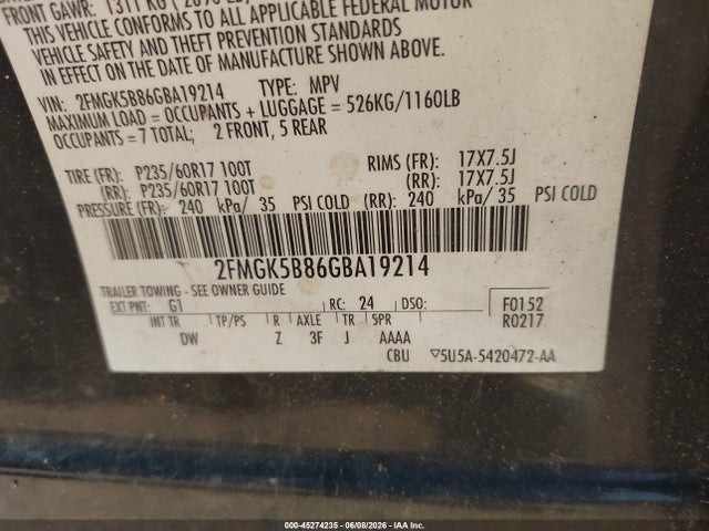 2016 Ford Flex Se მანქანა იყიდება აუქციონზე, vin: 2FMGK5B86GBA19214, აუქციონის ნომერი: 45274235