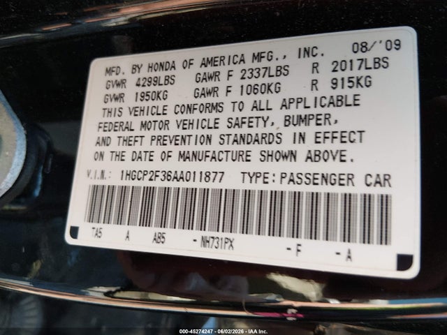 Продаж на аукціоні авто 2010 Honda Accord 2.4 Lx, vin: 1HGCP2F36AA011877, номер лоту: 45274247
