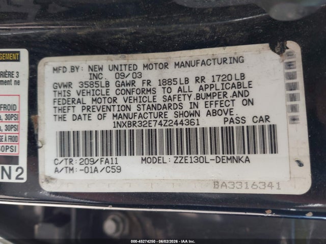 Aukcja sprzedaży 2004 Toyota Corolla Le, vin: 1NXBR32E74Z244361, numer aukcji: 45274250