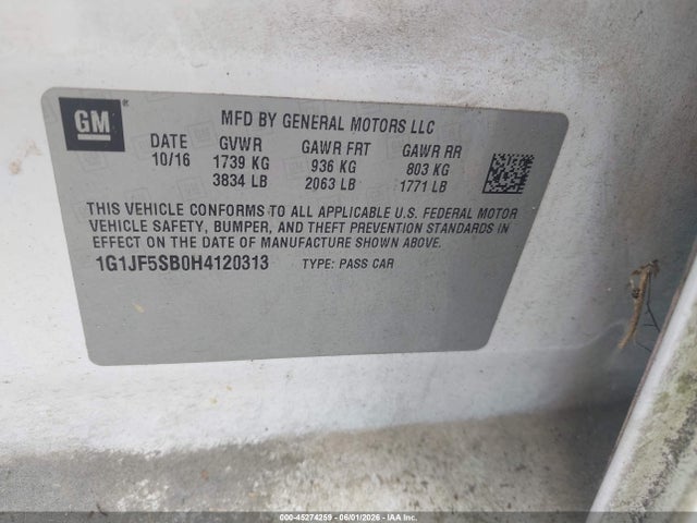 Aukcja sprzedaży 2017 Chevrolet Sonic Premier Auto, vin: 1G1JF5SB0H4120313, numer aukcji: 45274259