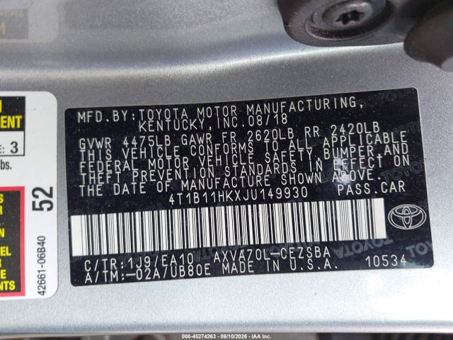 4T1B11HKXJU149930 Toyota CAMRY SE