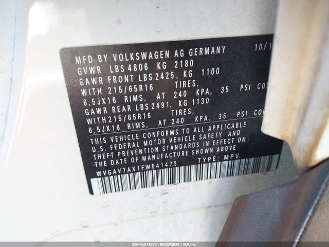 WVGAV7AX1FW541473 Volkswagen TIGUAN S