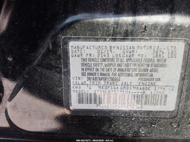 Aukcja sprzedaży 2019 Nissan Sentra S, vin: 3N1AB7AP6KY290968, numer aukcji: 45274273