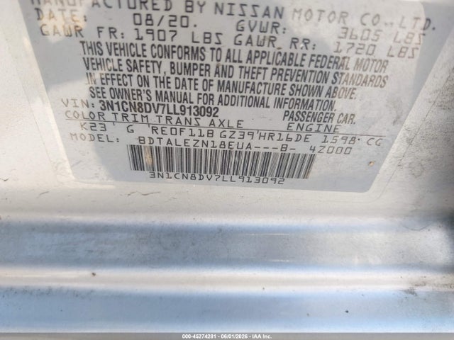 2020 Nissan Versa S Xtronic Cvt მანქანა იყიდება აუქციონზე, vin: 3N1CN8DV7LL913092, აუქციონის ნომერი: 45274281
