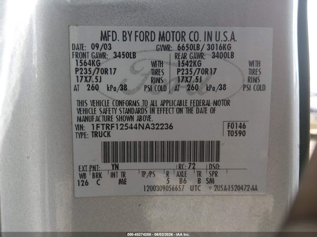 Продажа на аукционе авто 2004 Ford F-150 Xl/xlt, vin: 1FTRF12544NA32236, номер лота: 45274288