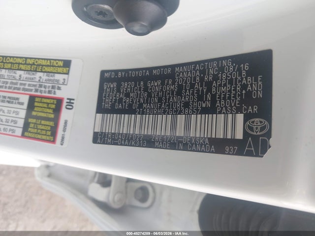 Aukcja sprzedaży 2016 Toyota Corolla S Plus, vin: 2T1BURHE2GC738657, numer aukcji: 45274289