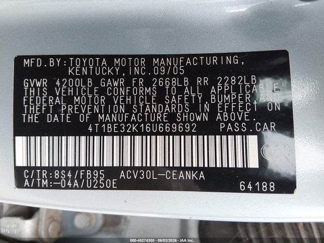 Aukcja sprzedaży 2006 Toyota Camry Le, vin: 4T1BE32K16U669692, numer aukcji: 45274300