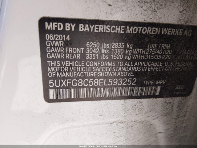 2014 Bmw X6 Xdrive50i მანქანა იყიდება აუქციონზე, vin: 5UXFG8C58EL593252, აუქციონის ნომერი: 45274306