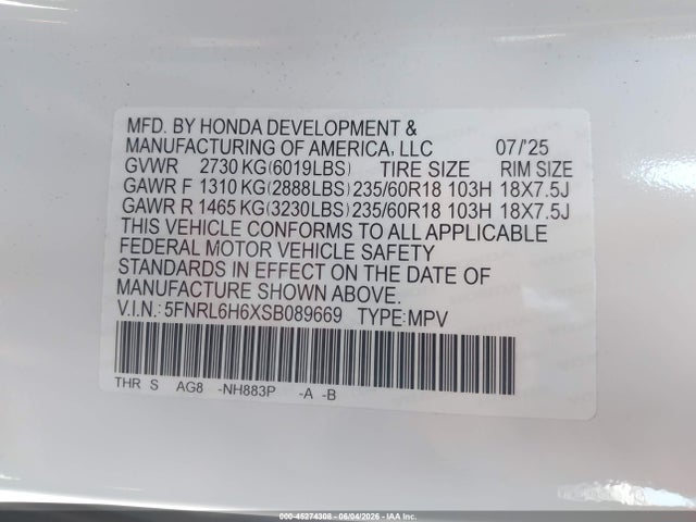 Aukcja sprzedaży 2025 Honda Odyssey Ex-l, vin: 5FNRL6H6XSB089669, numer aukcji: 45274308