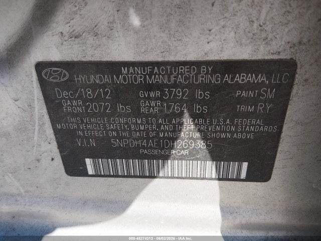 2013 Hyundai Elantra Limited მანქანა იყიდება აუქციონზე, vin: 5NPDH4AE1DH269385, აუქციონის ნომერი: 45274313