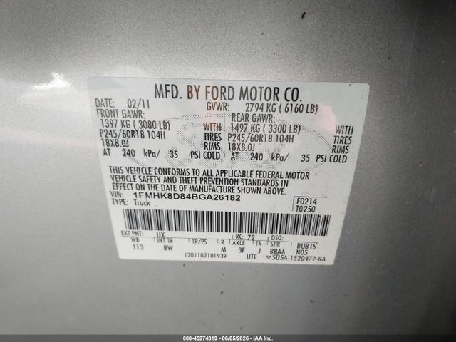 Продажа на аукционе авто 2011 Ford Explorer Xlt, vin: 1FMHK8D84BGA26182, номер лота: 45274319