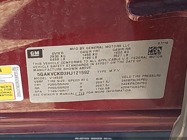 45274334 :رقم المزاد ، 5GAKVCKD3HJ121592 vin ، 2017 Buick Enclave Premium مزاد بيع