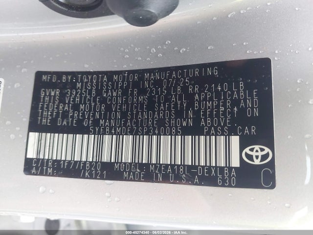 Продажа на аукционе авто 2025 Toyota Corolla Le, vin: 5YFB4MDE7SP340085, номер лота: 45274340