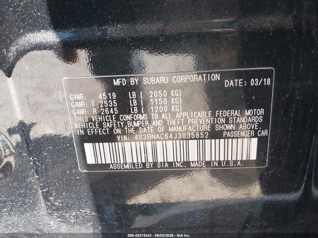 Aukcja sprzedaży 2018 Subaru Legacy 2.5i Premium, vin: 4S3BNAC64J3035852, numer aukcji: 45274342