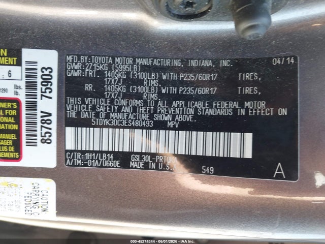 Aukcja sprzedaży 2014 Toyota Sienna Xle/limited, vin: 5TDYK3DC3ES480493, numer aukcji: 45274344