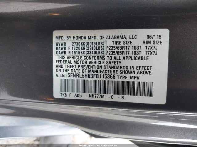 Honda Odyssey Ex-l 2015 5FNRL5H63FB115366 Image 9