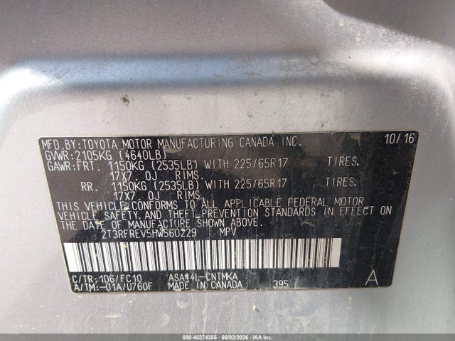 45274355 :رقم المزاد ، 2T3RFREV5HW560229 vin ، 2017 Toyota Rav4 Xle مزاد بيع