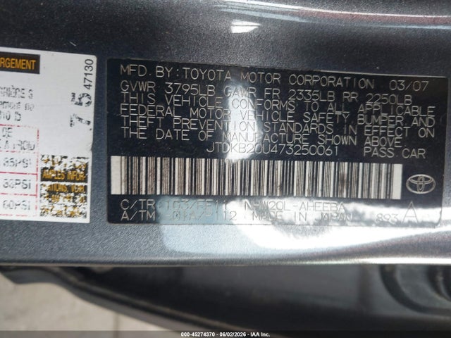 Aukcja sprzedaży 2007 Toyota Prius, vin: JTDKB20U473250061, numer aukcji: 45274370