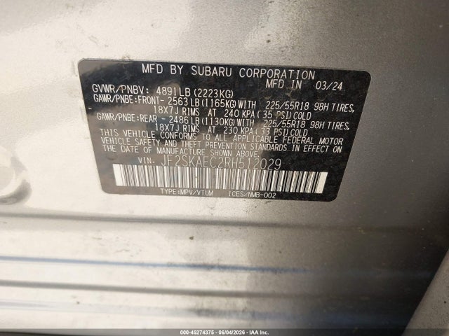 Продажа на аукционе авто 2024 Subaru Forester Sport, vin: JF2SKAEC2RH512029, номер лота: 45274375
