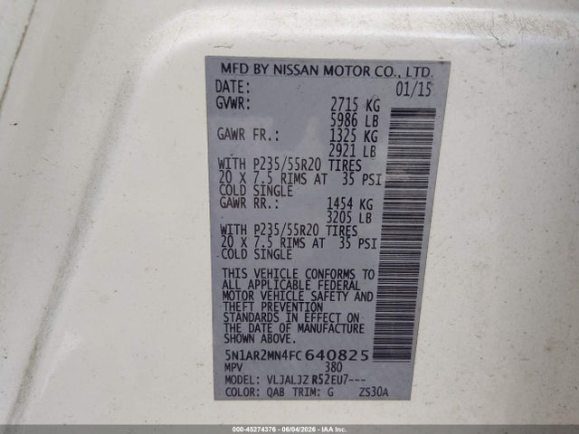 Продажа на аукционе авто 2015 Nissan Pathfinder Platinum, vin: 5N1AR2MN4FC640825, номер лота: 45274376