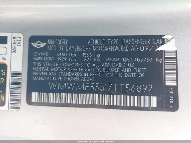 2007 Mini Cooper მანქანა იყიდება აუქციონზე, vin: WMWMF33517TT56892, აუქციონის ნომერი: 45274378