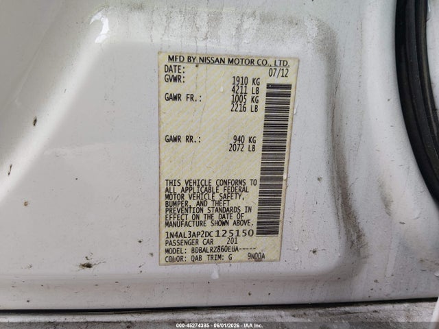 Продаж на аукціоні авто 2013 Nissan Altima 2.5 S, vin: 1N4AL3AP2DC125150, номер лоту: 45274385
