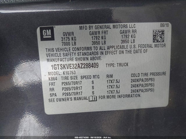 45274388 :رقم المزاد ، 1GTSKVE32AZ288409 vin ، 2010 Gmc Sierra 1500 Sle مزاد بيع